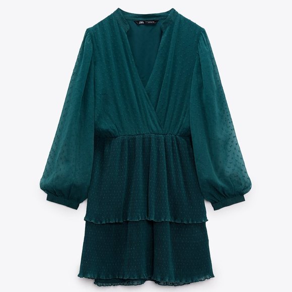 NEW Zara Teal Green Swiss Dot Mesh Surplice V Neck Ruffle Pleated Mini Dress M - Picture 10 of 11